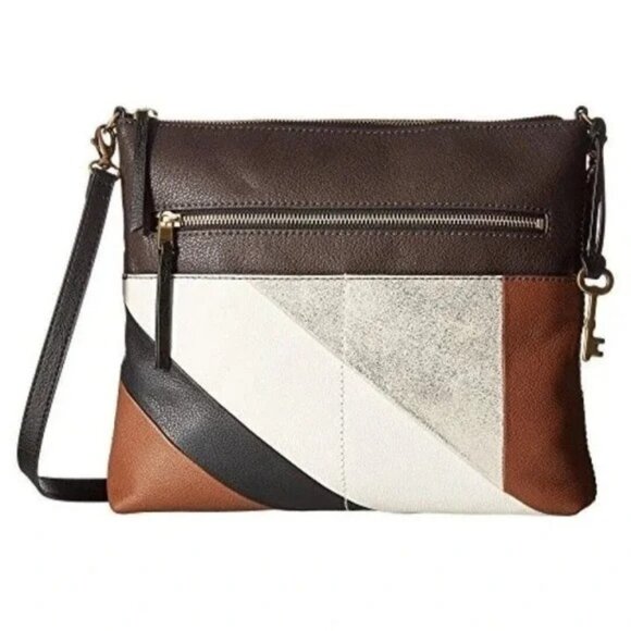 Fossil KeyPer Earth Tones Bias Stripe Leather Crossbody Brown Black Silver - Picture 1 of 12